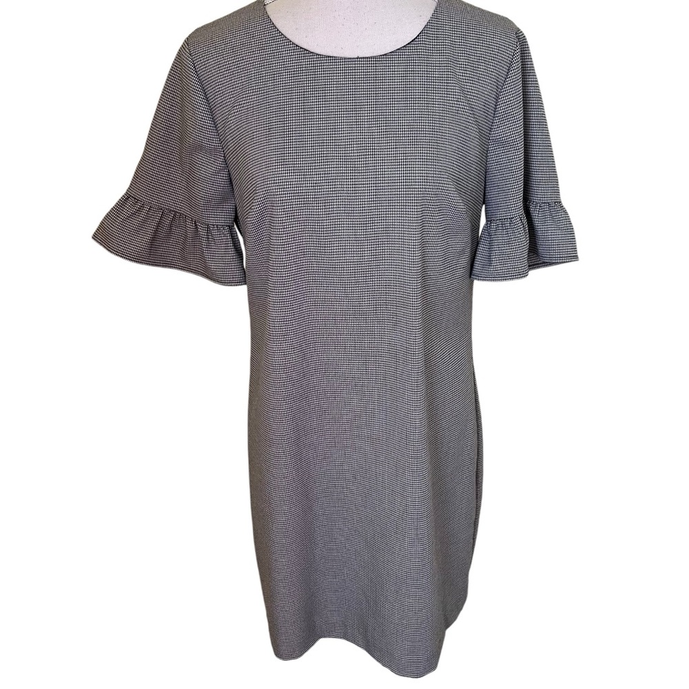 Trina Turk Black/White Mini Houndstooth Short Ruffle Sleeve Shift Dress